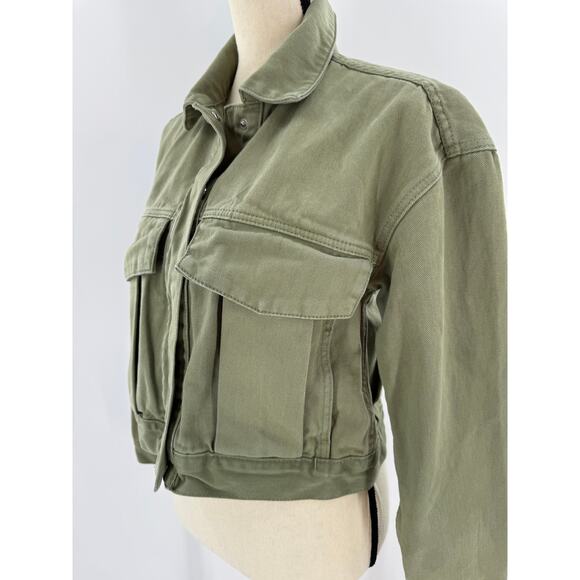 Zara Womens Green Utility Jacket Cargo Demin Canvas Crop Jean Jacket Military M - Picture 1 of 9